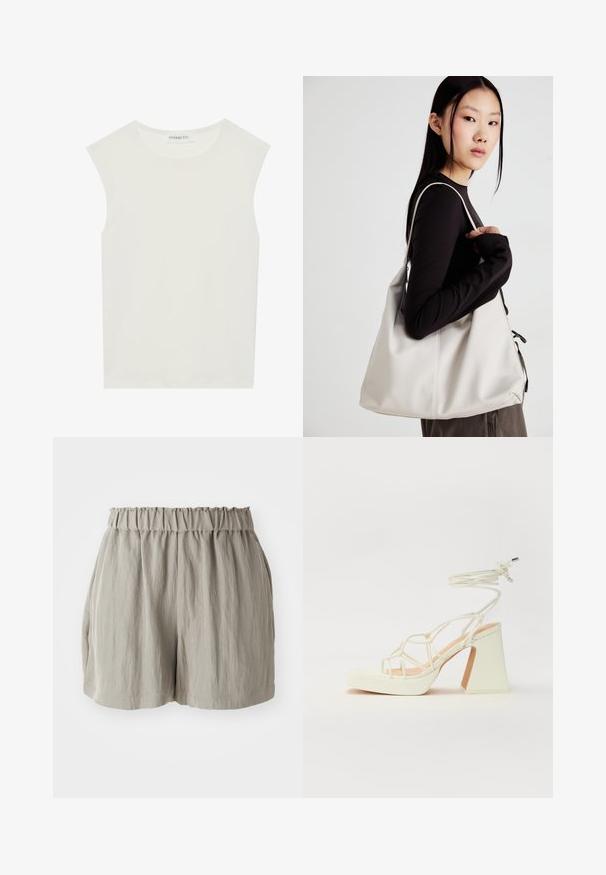 Fehér ujjatlan felső, kerek nyakkivágással. Simább anyagból készült, laza fazonnal és minimalista kialakítással rendelkezik. Nincsenek minták vagy díszítések.; Világosszürke, rugalmas derekú sort, texturált anyaggal, laza szabással, amely a comb közepéig ér.; Fehér, magassarkú szandál vastag sarokkal, pántos dizájnnal és bokapánttal. Sima textúra, elülső platformmal a megnövelt magasság érdekében.; Puha anyagból készült bézs kézitáska, laza dizájnnal, varrott részletekkel és két vállpánttal. Mindennapi használatra alkalmas.