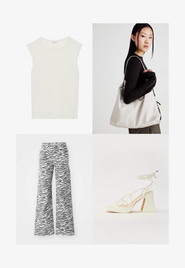 Bílý bezrukávový top s kulatým výstřihem. Vyroben z hladkého materiálu, má volný střih a minimalistický design. Bez vzorů nebo akcentů.; Široké kalhoty vyrobené z bavlněné směsi, s černo-bílým vzorem zebřích pruhů, předními kapsami a klasickým zapínáním na knoflík.; Bílé sandály na vysokém podpatku s robustním podpatkem, s designem s pásky a zavazováním kolem kotníku. Hladký povrch s platformou vpředu pro zvýšení výšky.; Beige kabelka vyrobená z měkkého materiálu, s volným designem, prošívanými detaily a dvěma ramenními popruhy. Vhodná pro každodenní použití.