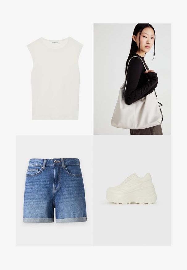 Valkoinen hihaton paita, jossa on pyöreä kaula-aukko. Valmistettu sileästä kankaasta, siinä on rento istuvuus ja minimalistinen muotoilu. Ei kuvioita tai koristeita.; Farkkushortsit vaaleansinisinä, käännettyhelma. Varustettu vetoketjulla, etutaskuilla ja hienovaraisella tekstuurilla. Napin sulkeminen vyötäröllä.; Valkoiset tasapohjakengät, joissa on sileä nahkamainen päällinen, pyöristetty muoto, pehmustettu nilkkaosa ja texturoitu kumipohja, jossa on hyvin määritellyt urat.; Beige laukku, joka on valmistettu pehmeästä materiaalista, ja siinä on rento muotoilu, ommeltu yksityiskohtia ja kaksi olkahihnaa. Sopii päivittäiseen käyttöön.