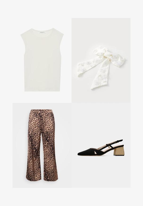 Top branco sem mangas com decote redondo. Feito de um tecido liso, apresenta um corte descontraído e um design minimalista. Sem padrões ou detalhes.; Calças largas com padrão de leopardo em tecido suave, apresentando uma base beje com manchas castanhas escuras e um cós elástico.; Sapato slingback em camurça preta, com bico fino e design recortado. Apresenta um salto baixo em palha texturizada para um detalhe adicional e estabilidade.; Sister Jane FORGET ME NOT HAIR BOW - Acessório para pentear cabelo - white