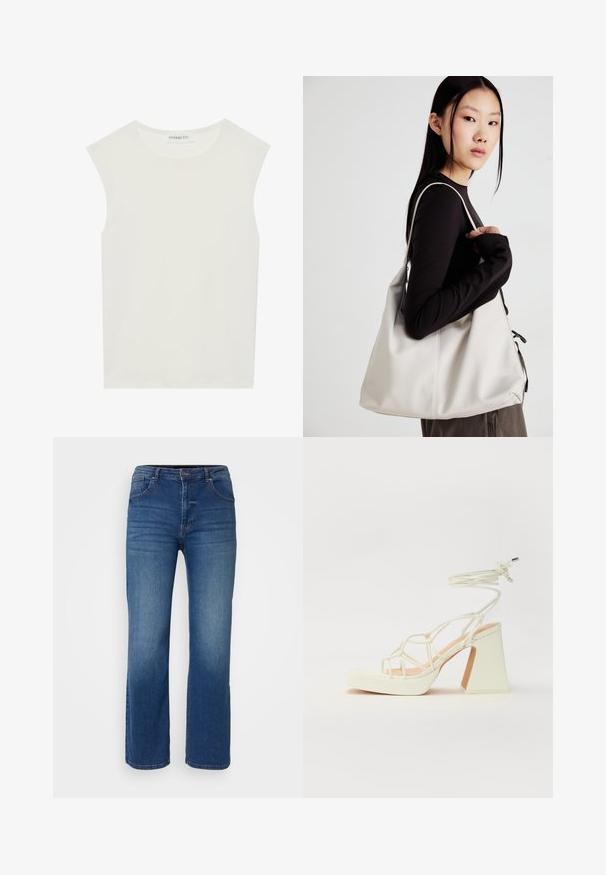Top branco sem mangas com decote redondo. Feito de um tecido liso, apresenta um corte descontraído e um design minimalista. Sem padrões ou detalhes.; Jeans de ganga azul-escuro com um design de perna reta, estilo de cinco bolsos e fecho de botão e zipper. Textura suave com desbotamento mínimo.; Sandálias brancas de salto alto com um salto robusto, apresentando um design com tiras e amarração no tornozelo. Textura suave com uma plataforma na frente para altura adicional.; Uma bolsa bege feita de material macio, com um design descontraído, detalhes de costura e duas alças para o ombro. Adequada para uso diário.
