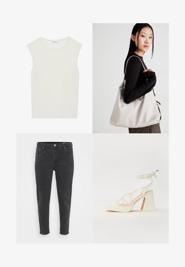 Top bianco senza maniche con scollatura rotonda. Realizzato in tessuto liscio, presenta una vestibilità rilassata e un design minimalista. Nessun motivo o accentuazione.; Jeans in denim nero slim fit con bottone e zip frontali, passanti per cintura e cinque tasche, mostrati su uno sfondo chiaro e semplice.; Sandalo bianco con tacco alto, caratterizzato da un design a cinturini e un legaccio alla caviglia. Texture liscia con una piattaforma frontale per un'altezza aggiuntiva.; Borsa a mano beige realizzata in materiale morbido, caratterizzata da un design morbido, dettagli cuciti e due manici. Adatta per l'uso quotidiano.
