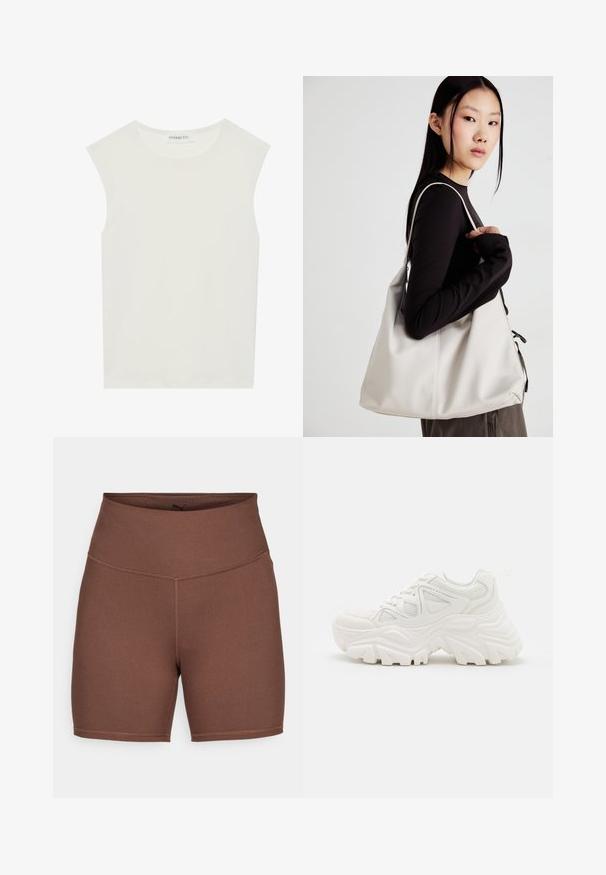 Witte mouwloze top met een ronde halslijn. Gemaakt van gladde stof, het heeft een losse pasvorm en een minimalistisch ontwerp. Geen patronen of accenten.; Puma TRAIN SHORT - Tights - espresso brown; Witte chunky sneakers met een textuur bovenwerk, meshpanelen en dikke rubberen zolen met een uitgesproken profiel. Inclusief veters en een aantreklip.; Beige handtas gemaakt van zacht materiaal, met een slonzig ontwerp, gestikte details en twee schouderbanden. Geschikt voor dagelijks gebruik.