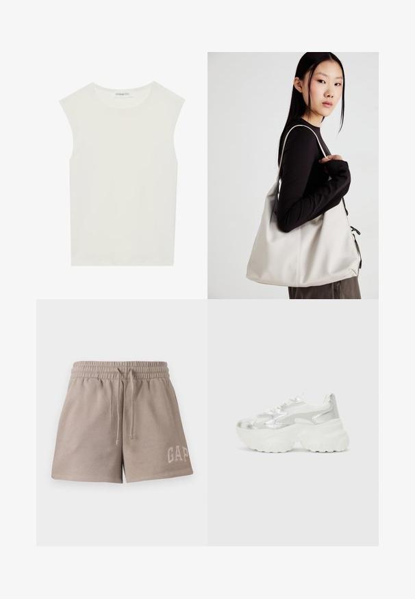 Bijela majica bez rukava s okruglim izrezom. Izrađena je od glatkog materijala, nudi opušteni kroj i minimalistički dizajn. Bez uzoraka ili ukrasa.; Bež kratke hlače napravljene od mekog materijala, s elastičnom pasicom na kojoj se može regulirati i izvezenim logom "GAP" na donjem prednjem dijelu.; Srebrne tenisice s teksturiranim mrežastim gornjištem i iridescentnim akcentima, s debelim bijelim potplatom i vezanjem na vezice.; Bežna torba od mekog materijala s opuštenim dizajnom, šivanim detaljima i dva remena za rame. Pogodna za svakodnevnu upotrebu.