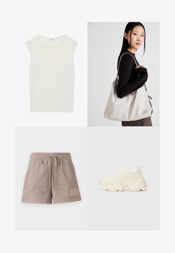White sleeveless top with a round neckline. Made of smooth fabric, it features a relaxed fit and minimalist design. No patterns or accents.; Beige shorts made of soft material, featuring an elastic waistband with drawstring and embroidered "GAP" logo on the lower front.; Chunky white sneakers made of textured mesh and synthetic materials, featuring a thick sole and intricate pattern details along the sides.; Beige handbag made of soft material, featuring a slouchy design, stitched detailing, and two shoulder straps. Suitable for everyday use.