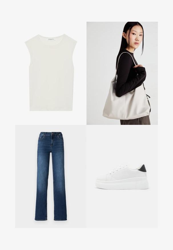 Bela brezrokavnica s okroglim izrezom. Narejena iz gladkega materiala, ima sproščen kroj in minimalističen dizajn. Brez vzorcev ali okrasnih elementov.; Temno modri kavbojke z ravno nogo, srednje visokim pasom in blagim zbledelostjo na robovih. Opremljene so s petimi žepi in gumbom za zapiranje.; Bele platform tenisice izdelane iz gladkega sintetičnega materiala, z zaobljenim prstom, sistemom vezalk in teksturiranim gumijastim podplatom. Črn dodatek na peti.; Bežna torbica iz mehkega materiala, z ohlapno zasnovo, šivi in dvema naramnicama. Primerna za vsakodnevno uporabo.