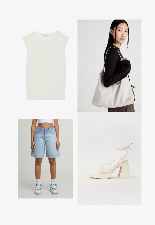 Top blanco sin mangas con escote redondo. Hecho de una tela suave, presenta un corte relajado y un diseño minimalista. Sin patrones ni acentos.; Pantalones cortos de mezclilla de color azul claro con un ajuste relajado, que cuentan con cinco bolsillos, cierre de botón y un dobladillo que termina justo por encima de las rodillas.; Sandalia de tacón alto blanca con un tacón grueso, que presenta un diseño de tiras y un lazo en el tobillo. Textura suave con una plataforma en la parte delantera para mayor altura.; Bolso de mano beige hecho de material suave, con un diseño holgado, detalles cosidos y dos asas. Adecuado para uso diario.