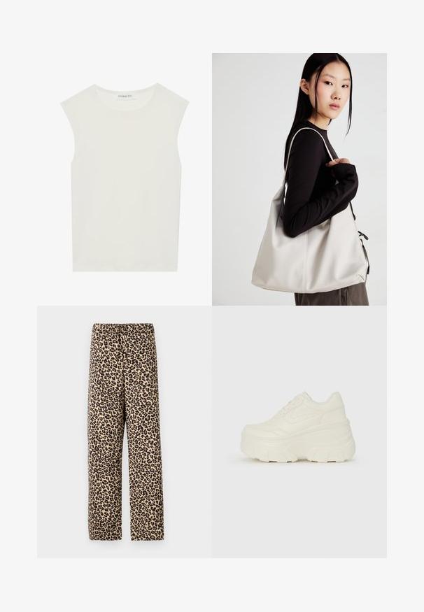 Top alb fără mâneci, cu decolteu rotund. Fabricat dintr-un material neted, prezintă o croială lejeră și un design minimalist. Fără modele sau accente.; Pantaloni cu imprimeu de leopard, cu o talie elastică, material ușor, design cu picioare drepte și un fundal bej cu pete maro închis.; Adidași platformă albi, cu un superior neted asemănător cu pielea, formă rotunjită, guler căptușit și talpă din cauciuc texturată cu borduri bine definite.; Geantă bej din material moale, cu un design lejer, detalii cusute și două bretele pentru umăr. Potrivită pentru utilizarea zilnică.