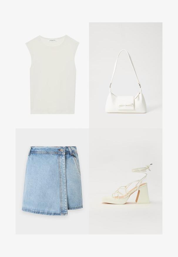 Balta be rankovių palaidinė su apvaliu kaklu. Pagaminta iš lygios medžiagos, ji turi laisvą siluetą ir minimalistinį dizainą. Be raštų ar akcentų.; Šviesiai mėlynas džinsinis sijonas tiesiu kirpimu, su priekiniais mygtukais ir kontrastingais siūlais palei siūles. Kišenių nematyti.; Balti aukštakulniai sandalai su masyviu kulnu, su dirželių dizainu ir kulkšnies raiščiu. Lygi tekstūra su platforma priekyje, suteikianti papildomą aukštį.; Balta sintetinė rankinė trikampio formos, plokščiu priekiu su užsegimu, kaspino detale, reguliuojama dirželiu, lygia tekstūra ir minimalistišku dizainu.