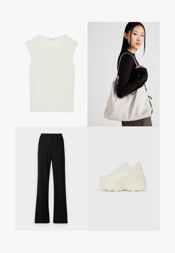 Haut sans manches blanc avec un col rond. Fabriqué en tissu lisse, il présente une coupe décontractée et un design minimaliste. Pas de motifs ni d'accents.; Pantalons larges noirs en tissu doux et extensible. Ils disposent d'une taille élastique et d'une texture lisse sans motifs visibles.; Baskets plateformes blanches avec une tige en simili cuir lisse, une forme arrondie, un col rembourré et une semelle en caoutchouc texturé avec des crampons définis.; Sac à main beige en matériau souple, avec un design décontracté, des détails cousus et deux poignées. Idéal pour un usage quotidien.