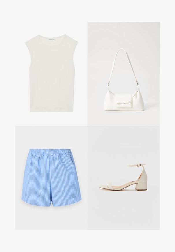 Top branco sem mangas com decote redondo. Feito de um tecido liso, apresenta um corte descontraído e um design minimalista. Sem padrões ou detalhes.; Calças de cor azul celeste com riscas verticais brancas, cintura elástica, comprimento até a meio da coxa e uma textura suave de algodão.; Sandal de salto quadrado em bege. Apresenta uma fita fina no tornozelo com fivela, textura lisa semelhante a couro e uma altura de salto moderada.; Mala sintética branca com formato triangular, aba frontal plana e detalhe de laço, alça ajustável, textura suave e design minimalista.