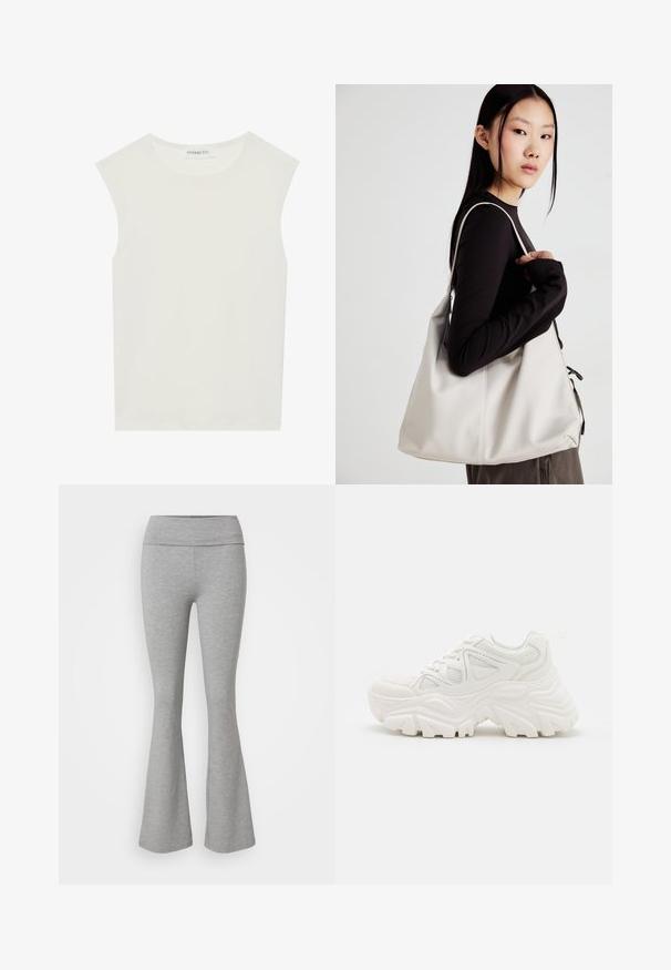 Bílý bezrukávový top s kulatým výstřihem. Vyroben z hladkého materiálu, má volný střih a minimalistický design. Bez vzorů nebo akcentů.; Šedé rozšířené legíny vyrobené z měkké příze s příměsí bavlny. Disponují širokým pasem a hladkou texturou, což zajišťuje uvolněný střih.; Bílé robustní tenisky s texturovaným svrškem, síťovinovými panely a silnými gumovými podrážkami s výrazným vzorem protiskluzu. Součástí jsou tkaničky a poutko.; Beige kabelka vyrobená z měkkého materiálu, s volným designem, prošívanými detaily a dvěma ramenními popruhy. Vhodná pro každodenní použití.