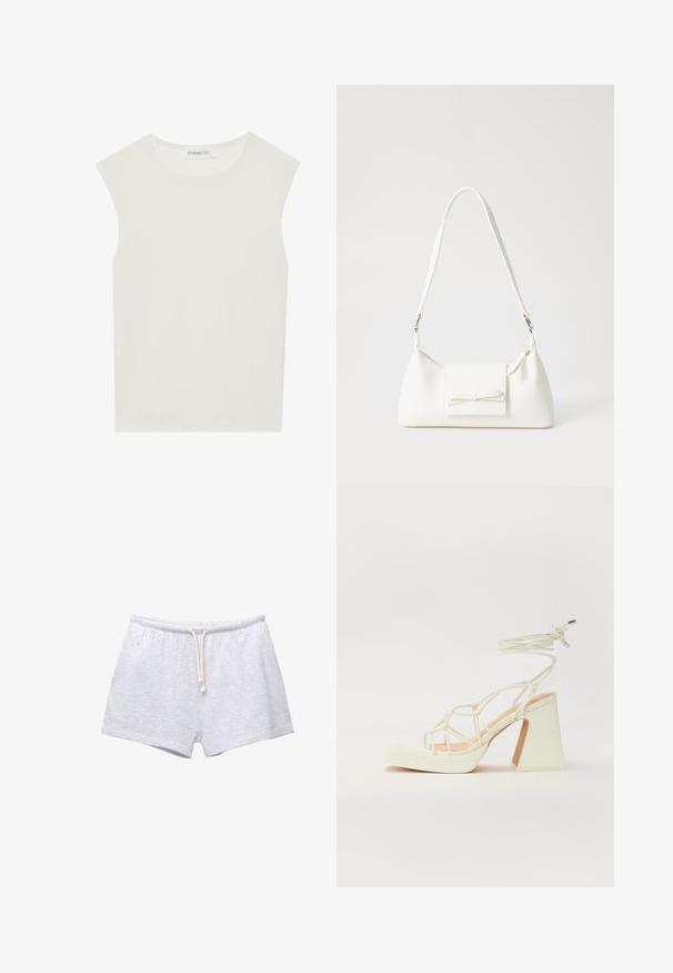 Haut sans manches blanc avec un col rond. Fabriqué en tissu lisse, il présente une coupe décontractée et un design minimaliste. Pas de motifs ni d'accents.; Shorts en coton gris avec une taille élastique et un cordon de serrage. Texture lisse et design simple, sans motifs ni embellissements.; Sandale blanche à talons hauts avec un talon épais, présentant un design à lanières et un lien autour de la cheville. Texture lisse avec une plateforme à l'avant pour une hauteur supplémentaire.; Sac à main synthétique blanc en forme triangulaire, avec un rabat avant plat et un détail en nœud, une bandoulière ajustable, une texture lisse et un design minimaliste.