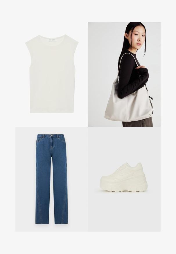 Balts bez piedurknēm tops ar apaļu kakla izgriezumu. Izgatavots no gludas auduma, tam ir brīvs piegriezums un minimālistisks dizains. Nav nekādas rakstainības vai akcentu.; Zilas džinsa bikses ar taisnu kāju dizainu, piecas kabatas, priekšējo pogu aizdari un šuvju akcentus garām šuvēm.; Baltie platformas sporta apavi, kas izgatavoti no gludas mākslīgās ādas, ar noapaļotu formu, mīkstu apkakli un teksturētu gumijas zoli ar izteiktiem rakstiem.; Bežs rokassoma, izgatavota no mīksta materiāla, ar brīvu dizainu, izšūtu apdari un divām plecu siksnām. Piemērota ikdienas lietošanai.