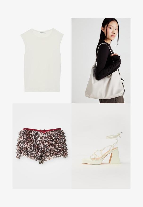 Top blanco sin mangas con escote redondo. Hecho de una tela suave, presenta un corte relajado y un diseño minimalista. Sin patrones ni acentos.; Pantalones cortos de leopardo con estampado floral y volantes en capas, con una cinturilla de encaje rojo y un pequeño lazo decorativo en el frente.; Sandalia de tacón alto blanca con un tacón grueso, que presenta un diseño de tiras y un lazo en el tobillo. Textura suave con una plataforma en la parte delantera para mayor altura.; Bolso de mano beige hecho de material suave, con un diseño holgado, detalles cosidos y dos asas. Adecuado para uso diario.