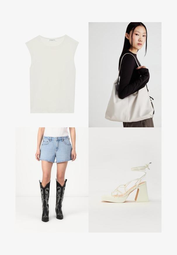 Valkoinen hihaton paita, jossa on pyöreä kaula-aukko. Valmistettu sileästä kankaasta, siinä on rento istuvuus ja minimalistinen muotoilu. Ei kuvioita tai koristeita.; Siniset farkkushortsit klassisella leikkauksella, yhdistettyinä mustiin nahkakaupunkikenkäbootseihin, joissa on valkoisia brodeerattuja kuvioita ja kärjet.; Valkoinen korkokenkä, jossa on paksu korko, ja joka sisältää nauhakiinnityksen ja nilkkaketjun. Sujuva pinta, jossa on platform-etupohja lisäkorkeutta varten.; Beige laukku, joka on valmistettu pehmeästä materiaalista, ja siinä on rento muotoilu, ommeltu yksityiskohtia ja kaksi olkahihnaa. Sopii päivittäiseen käyttöön.
