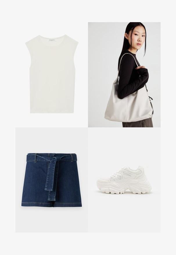 Balts bez piedurknēm tops ar apaļu kakla izgriezumu. Izgatavots no gludas auduma, tam ir brīvs piegriezums un minimālistisks dizains. Nav nekādas rakstainības vai akcentu.; Tumši zilie džinsu šorti ar plašu jostasvietu un auduma jostu. Gluda tekstūra ar redzamām šuvju detaļām apakšmalā.; Baltas masīvkājas sporta apavi ar strukturētu virsu, sieta paneļiem un biezu gumijas zoli ar izteiktu protektora rakstu. Iekļautas auklas un cilpa uzvilkšanai.; Bežs rokassoma, izgatavota no mīksta materiāla, ar brīvu dizainu, izšūtu apdari un divām plecu siksnām. Piemērota ikdienas lietošanai.