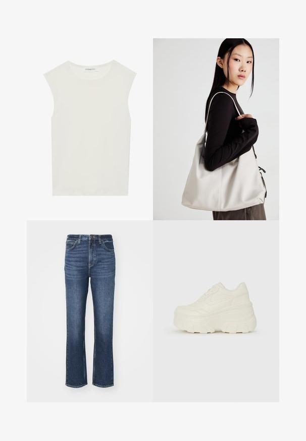 Balta be rankovių palaidinė su apvaliu kaklu. Pagaminta iš lygios medžiagos, ji turi laisvą siluetą ir minimalistinį dizainą. Be raštų ar akcentų.; Mėlyni džinsiniai kelnių su plačiu kojų kirpimu, pasižymintys klasikinio penkių kišenių dizainu, metalinėmis detalėmis ir subtiliu blukimu priekyje.; Baltos platformos sportbačiai su lygiu odos primenančiu paviršiumi, apvalia forma, paminkštintu apykakle ir tekstūruotu guminiu padu su ryškiais protektoriais.; Bežinė rankinė, pagaminta iš minkštos medžiagos, turinti laisvą dizainą, siuvinėtas detalės ir dvi petnešos. Tinkama kasdieniam naudojimui.