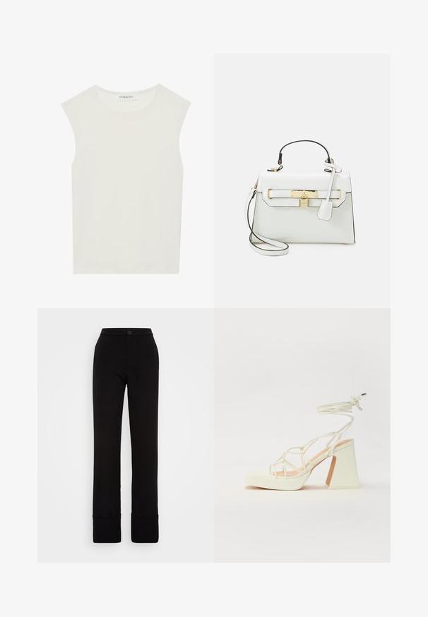 Bela brezrokavnica s okroglim izrezom. Narejena iz gladkega materiala, ima sproščen kroj in minimalističen dizajn. Brez vzorcev ali okrasnih elementov.; Črne hlače iz gladkega materiala z oblikovanim krojem, z gumbom za zapiranje v pasu in zavihanimi manšetami na robu.; Bela sandala na visokih petah s debelim petam, ki ima obliko trakcev in vezanje okoli gležnja. Gladka tekstura z platformo spredaj za dodatno višino.; Bela torbica z krokodiljim vzorcem, zlatimi dodatki, zgornjim ročajem in snemljivo naramnico; vključuje zaklep, preprost dizajn.
