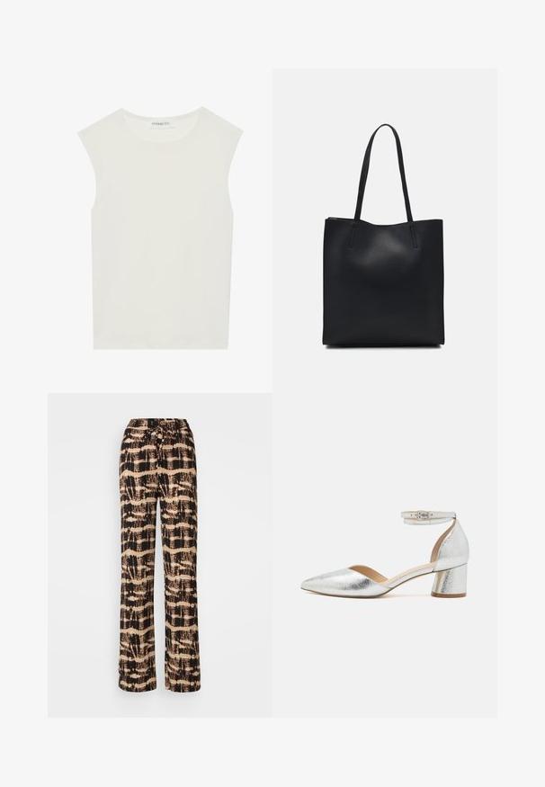 Bela brezrokavnica s okroglim izrezom. Narejena iz gladkega materiala, ima sproščen kroj in minimalističen dizajn. Brez vzorcev ali okrasnih elementov.; Hlače širokih nogavic iz lahkotnega materiala z abstraktnim vzorcem v črni in bež barvi. Prilagodljiv pas z vezalko, sproščen kroj.; Srebrni metalni čevlji z nizko blokasto peto in koničastim nosom, z zaponko in ankletom na belem ozadju.; Črna usnjena torba s svilnato teksturo, pravokotne oblike in dvema dolgima ročajema. Brez vidnih metalnih delov ali okrasnih elementov.; Srebrna metalik usnjena jakna s ovratnikom iz jagnječje kože, z zadrgo in strukturirano površino. Velike kapljaste uhane s prozornimi dragimi kamni.
