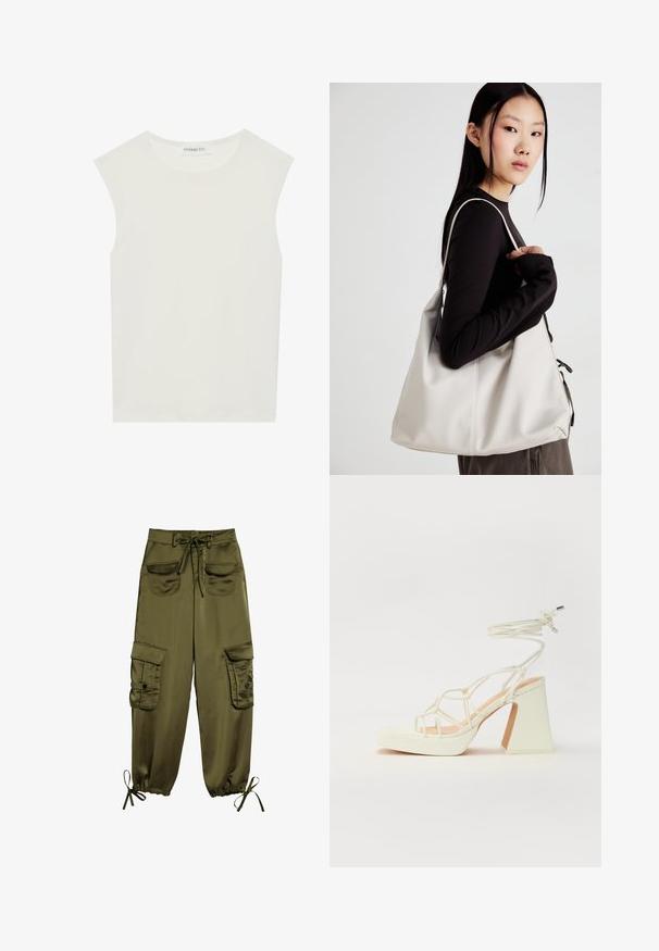Valge ilma varrukateta topp ümmarguse kaelusega. Valmistatud siledast kangast, sellel on mugav lõige ja minimalistlik disain. Ei ole mustreid ega aksessuaare.; Õlivarvased cargo püksid, mis on valmistatud siledast kangast, kahe eesmise taskuga, reguleeritava taljepaelaga ja elastsete mansettidega, millel on nöörid pahkluude juures.; Valged kõrge kontsaga sandaalid, millel on paks konts ja rihmadega disain koos pahkluu sidumisega. Sile tekstuur ja platvorm ees, et lisada kõrgust.; Bež käekott pehme materjali, millel on lõtv disain, õmblustega detailid ja kaks õlarihma. Sobib igapäevaseks kasutamiseks.