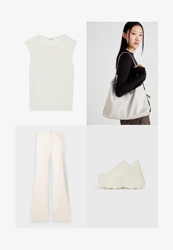 Haut sans manches blanc avec un col rond. Fabriqué en tissu lisse, il présente une coupe décontractée et un design minimaliste. Pas de motifs ni d'accents.; ONLY ONLMADISON WIDE - Wide Leg - ecru; Baskets plateformes blanches avec une tige en simili cuir lisse, une forme arrondie, un col rembourré et une semelle en caoutchouc texturé avec des crampons définis.; Sac à main beige en matériau souple, avec un design décontracté, des détails cousus et deux poignées. Idéal pour un usage quotidien.