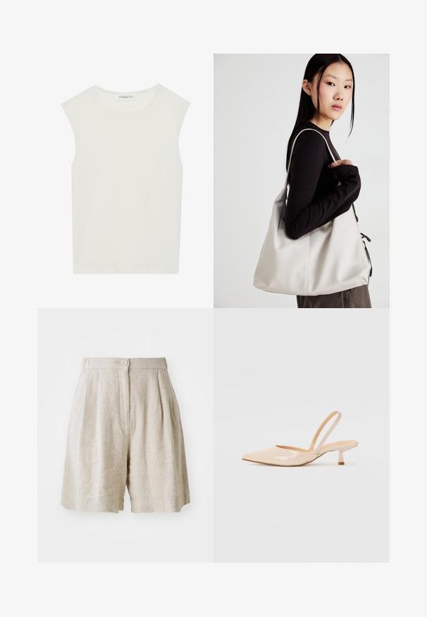 Hvit ermeløs topp med rund hals. Laget av glatt stoff, har den en avslappet passform og minimalistisk design. Ingen mønstre eller detaljer.; Beige linshorts med knappelukking, plissert foran og sidelommer. Stoffet har en teksturert finish som gir en avslappet passform.; Beige patenterte lærremmer med spiss tå og slank, firkantet hæl. Glatt tekstur og minimalistisk design uten dekorasjoner.; Beige håndveske laget av mykt materiale, med en slapp design, sydd detaljer og to skulderstropper. Passer for daglig bruk.