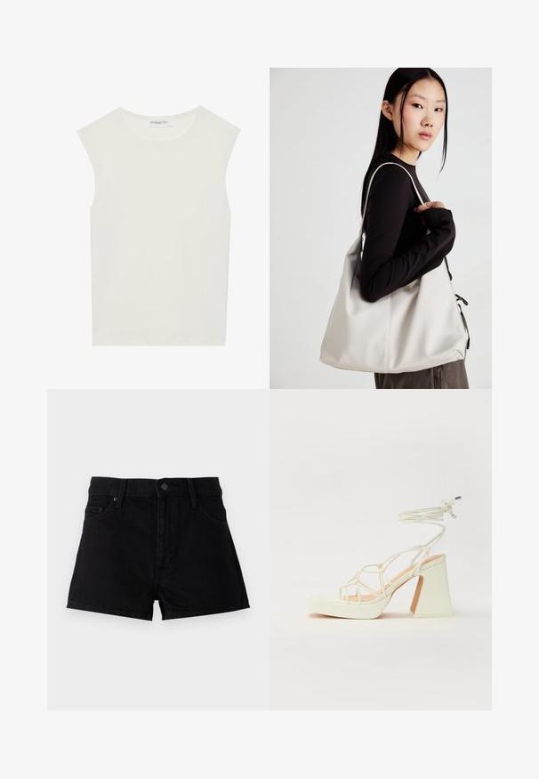 Fehér ujjatlan felső, kerek nyakkivágással. Simább anyagból készült, laza fazonnal és minimalista kialakítással rendelkezik. Nincsenek minták vagy díszítések.; Fekete farmer rövidnadrág, magas derékkal, öt zsebbel, gombos záródással, díszítések nélküli, letisztult kivitelben.; Fehér, magassarkú szandál vastag sarokkal, pántos dizájnnal és bokapánttal. Sima textúra, elülső platformmal a megnövelt magasság érdekében.; Puha anyagból készült bézs kézitáska, laza dizájnnal, varrott részletekkel és két vállpánttal. Mindennapi használatra alkalmas.