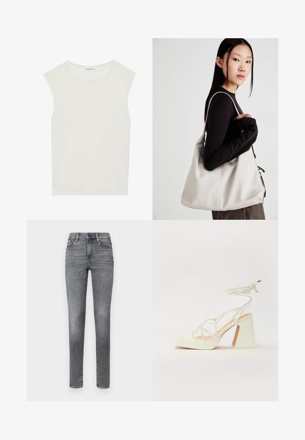 Fehér ujjatlan felső, kerek nyakkivágással. Simább anyagból készült, laza fazonnal és minimalista kialakítással rendelkezik. Nincsenek minták vagy díszítések.; Szürke farmernadrág, slim fit fazonnal, öt zsebből, gombos cipzárral, finom elmosódással és sima textúrával.; Fehér, magassarkú szandál vastag sarokkal, pántos dizájnnal és bokapánttal. Sima textúra, elülső platformmal a megnövelt magasság érdekében.; Puha anyagból készült bézs kézitáska, laza dizájnnal, varrott részletekkel és két vállpánttal. Mindennapi használatra alkalmas.