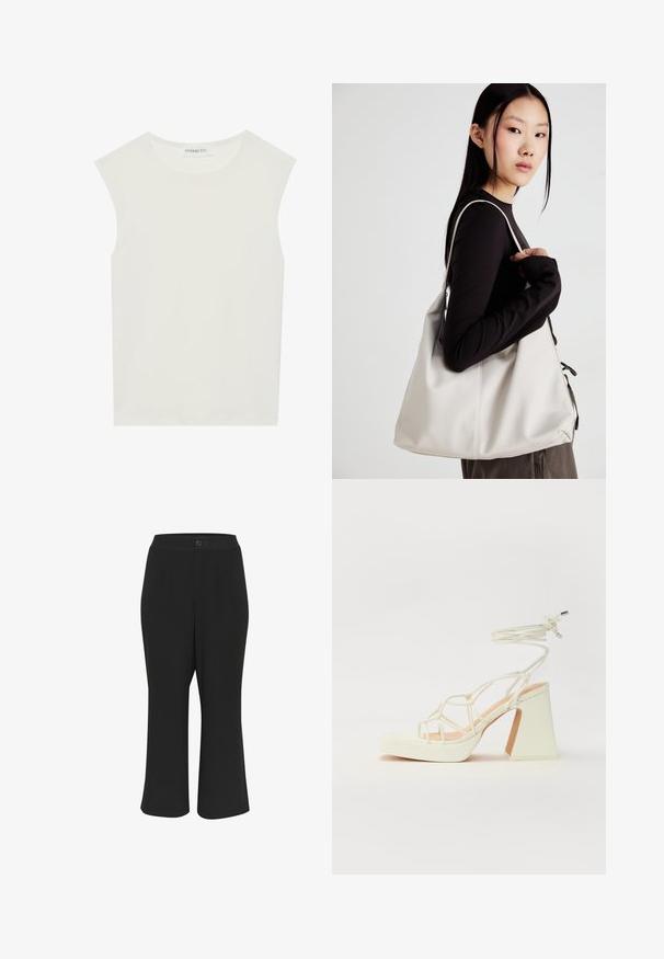 Top blanco sin mangas con escote redondo. Hecho de una tela suave, presenta un corte relajado y un diseño minimalista. Sin patrones ni acentos.; Pantalones cortos negros de corte recto con textura suave, cierre de botón y dos bolsillos frontales. El diseño tiene un ajuste recto y un detalle mínimo.; Sandalia de tacón alto blanca con un tacón grueso, que presenta un diseño de tiras y un lazo en el tobillo. Textura suave con una plataforma en la parte delantera para mayor altura.; Bolso de mano beige hecho de material suave, con un diseño holgado, detalles cosidos y dos asas. Adecuado para uso diario.
