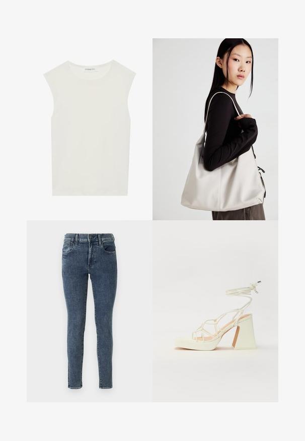 Fehér ujjatlan felső, kerek nyakkivágással. Simább anyagból készült, laza fazonnal és minimalista kialakítással rendelkezik. Nincsenek minták vagy díszítések.; Sötétkék farmer skinny farmerek enyhe kopással. Közepes derékmagassággal rendelkezik, öt zsebe van, és a varrások mentén kontrasztos cérnázás található.; Fehér, magassarkú szandál vastag sarokkal, pántos dizájnnal és bokapánttal. Sima textúra, elülső platformmal a megnövelt magasság érdekében.; Puha anyagból készült bézs kézitáska, laza dizájnnal, varrott részletekkel és két vállpánttal. Mindennapi használatra alkalmas.