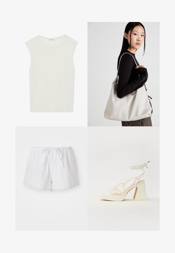 Top alb fără mâneci, cu decolteu rotund. Fabricat dintr-un material neted, prezintă o croială lejeră și un design minimalist. Fără modele sau accente.; Șorturi albe din bumbac, cu talie elastică și șnur. Prezintă broderie cu ochiuri și dantelă la tiv.; Sandale albe cu toc înalt și gros, cu un design cu curele și legătură la gleznă. Textură netedă, cu o platformă frontală pentru înălțime suplimentară.; Geantă bej din material moale, cu un design lejer, detalii cusute și două bretele pentru umăr. Potrivită pentru utilizarea zilnică.