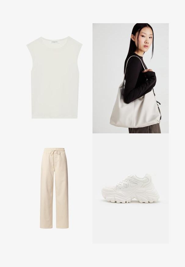 Balta be rankovių palaidinė su apvaliu kaklu. Pagaminta iš lygios medžiagos, ji turi laisvą siluetą ir minimalistinį dizainą. Be raštų ar akcentų.; Šviesiai rudos medvilnės kelnės su elastingu juosmeniu ir raišteliu. Plati kelnėms skirta konstrukcija, lygi tekstūra ir be matomų raštų ar akcentų.; Baltos masyvios sportinės bateliai su tekstūruotu paviršiumi, tinkliniais elementais ir storais guminiais padais su ryškiu protektoriumi. Įtrauktos raišteliai ir kilpa.; Bežinė rankinė, pagaminta iš minkštos medžiagos, turinti laisvą dizainą, siuvinėtas detalės ir dvi petnešos. Tinkama kasdieniam naudojimui.