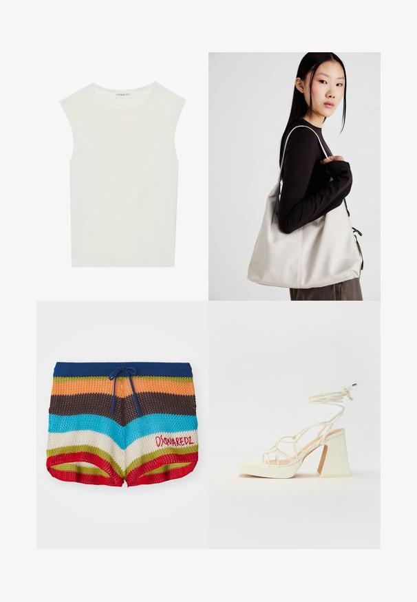 Bijela majica bez rukava s okruglim izrezom. Izrađena je od glatkog materijala, nudi opušteni kroj i minimalistički dizajn. Bez uzoraka ili ukrasa.; Pletene kratke hlače s horizontalnim prugama u plavoj, narančastoj, smeđoj, tirkiznoj, krem, zelenoj i crvenoj boji, s mornarskom plavom špagom i crvenim "Dsquared2" logotipom.; Bijela sandala na visokoj potpetici s debelim petom, s remenom i vezanjem oko gležnja. Glatka tekstura s platformom sprijeda za dodatnu visinu.; Bežna torba od mekog materijala s opuštenim dizajnom, šivanim detaljima i dva remena za rame. Pogodna za svakodnevnu upotrebu.