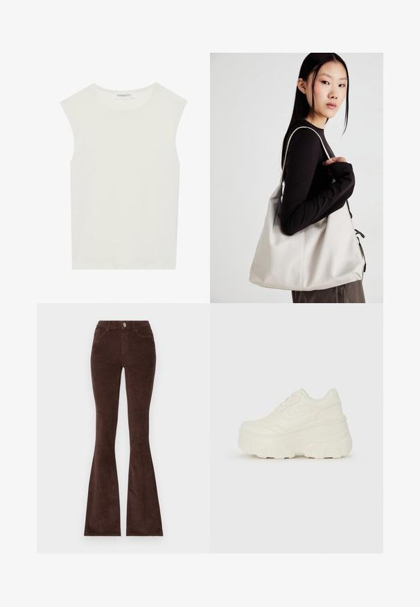 White sleeveless top with a round neckline. Made of smooth fabric, it features a relaxed fit and minimalist design. No patterns or accents.; Brown corduroy flared pants with a button closure, two front pockets, and a textured fabric. Features a fitted waist and wide hem.; White platform sneakers featuring a smooth leather-like upper, rounded shape, padded collar, and textured rubber sole with defined treads.; Beige handbag made of soft material, featuring a slouchy design, stitched detailing, and two shoulder straps. Suitable for everyday use.