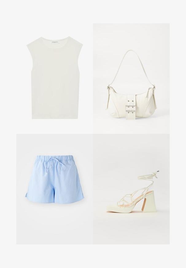 White sleeveless top with a round neckline. Made of smooth fabric, it features a relaxed fit and minimalist design. No patterns or accents.; Light blue cotton shorts with an elastic waistband and drawstring, featuring a relaxed fit and side slits for ease of movement.; White high-heeled sandal with a chunky heel, featuring a strappy design and ankle tie. Smooth texture with a platform front for added height.; White shoulder bag with a textured finish, a central buckle accent, and a curved shape. Zipper closures on both sides.