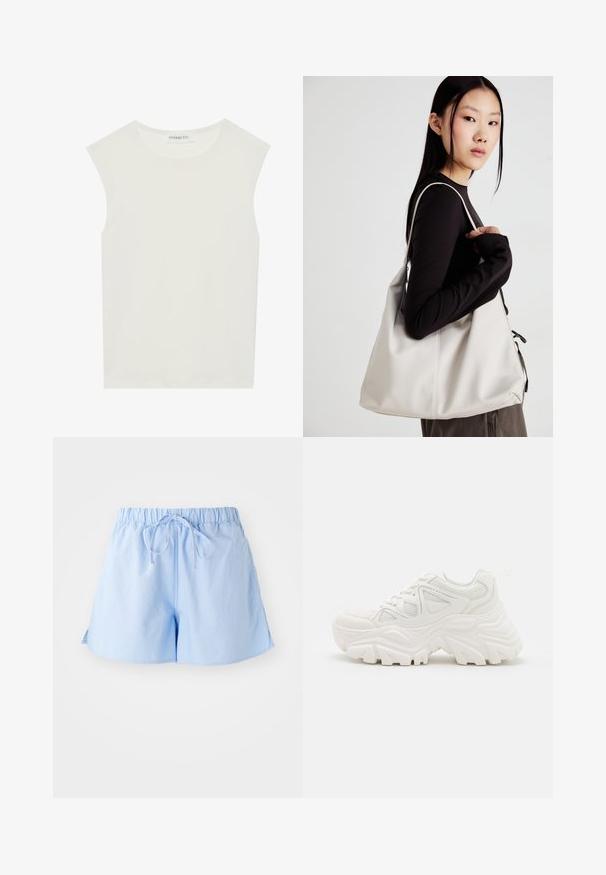 Haut sans manches blanc avec un col rond. Fabriqué en tissu lisse, il présente une coupe décontractée et un design minimaliste. Pas de motifs ni d'accents.; Shorts en coton bleu clair avec une taille élastique et un cordon de serrage, offrant une coupe décontractée et des fentes sur les côtés pour une liberté de mouvement.; Baskets blanches épaisses avec un dessus texturé, des panneaux en mesh et des semelles en caoutchouc épaisses avec un motif de semelle prominent. Lacets et tirette inclus.; Sac à main beige en matériau souple, avec un design décontracté, des détails cousus et deux poignées. Idéal pour un usage quotidien.