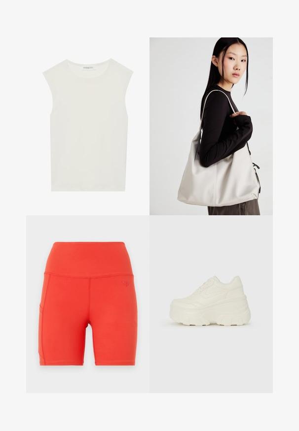 Top branco sem mangas com decote redondo. Feito de um tecido liso, apresenta um corte descontraído e um design minimalista. Sem padrões ou detalhes.; Calções atléticos vermelhos com uma cintura alta, feitos de um material suave e elástico. Apresentam um bolso lateral e um pequeno logotipo em relevo.; Tênis brancos de plataforma com um cabedal suave semelhante a couro, formato arredondado, colarinho acolchoado e sola de borracha texturizada com ranhuras bem definidas.; Uma bolsa bege feita de material macio, com um design descontraído, detalhes de costura e duas alças para o ombro. Adequada para uso diário.