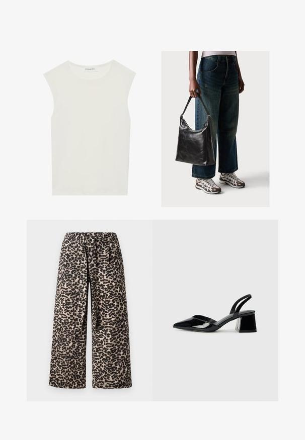 White sleeveless top with a round neckline. Made of smooth fabric, it features a relaxed fit and minimalist design. No patterns or accents.; Wide-leg trousers in a leopard print pattern, featuring a black and beige color scheme, soft fabric, and an elastic waistband for comfort.; Black patent leather slingback heels with a pointed toe and a geometric block heel. Features a sleek, minimal design and smooth texture.; Black leather shoulder bag with a smooth texture and adjustable strap, paired with faded wide-leg jeans and athletic sneakers.