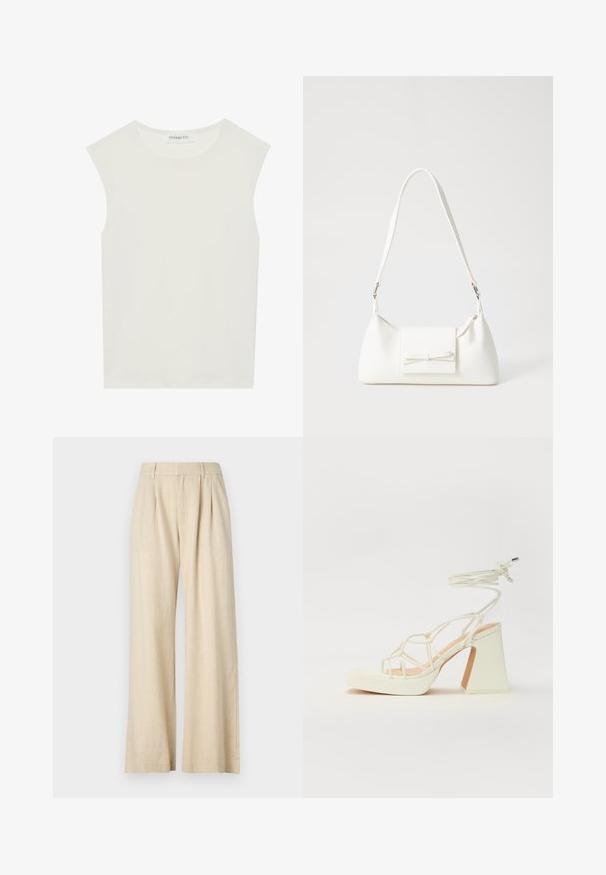 Hvit ermeløs topp med rund hals. Laget av glatt stoff, har den en avslappet passform og minimalistisk design. Ingen mønstre eller detaljer.; Beige vide benbukser med en teksturert overflate, med en plisserte front, en tettsittende midje og ingen synlige maskinvare eller dekorasjoner.; Hvit høyhælte sandal med kraftig hæl, med en stroppe-design og ankelbånd. Glatt tekstur med plattform foran for ekstra høyde.; Hvit syntetisk håndveske med trekantet form, flat klaff foran og sløyfe detaljer, justerbar stropp, glatt tekstur og minimalistisk design.