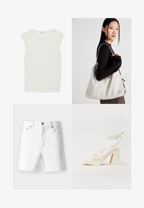 Balta be rankovių palaidinė su apvaliu kaklu. Pagaminta iš lygios medžiagos, ji turi laisvą siluetą ir minimalistinį dizainą. Be raštų ar akcentų.; Balti džinsiniai šortai su klasikiniu dizainu, penkių kišenių stiliumi, variniais mygtukais ir šiek tiek tekstūruota audinio danga.; Balti aukštakulniai sandalai su masyviu kulnu, su dirželių dizainu ir kulkšnies raiščiu. Lygi tekstūra su platforma priekyje, suteikianti papildomą aukštį.; Bežinė rankinė, pagaminta iš minkštos medžiagos, turinti laisvą dizainą, siuvinėtas detalės ir dvi petnešos. Tinkama kasdieniam naudojimui.