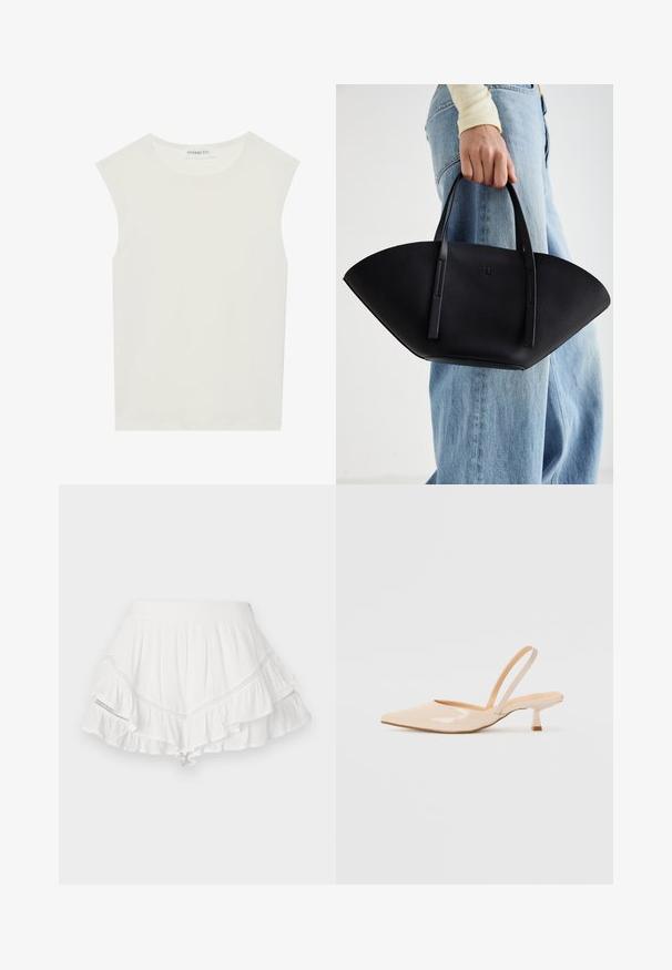 Hvit ermeløs topp med rund hals. Laget av glatt stoff, har den en avslappet passform og minimalistisk design. Ingen mønstre eller detaljer.; Hvit skjørt med lagdelte volanger, laget av lettvektig stoff. Har dekorativ søm langs sømmene og en tettsittende midjebånd.; Beige patenterte lærremmer med spiss tå og slank, firkantet hæl. Glatt tekstur og minimalistisk design uten dekorasjoner.; Svart skinnveske med en unik vifteform, med flate håndtak. Overflaten har en pebblelignende tekstur og et minimalistisk design.