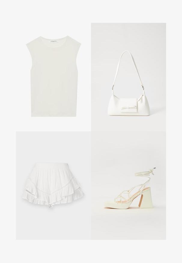 Top branco sem mangas com decote redondo. Feito de um tecido liso, apresenta um corte descontraído e um design minimalista. Sem padrões ou detalhes.; Saia branca com camadas de babados, feita de um tecido leve. Apresenta costura decorativa ao longo das costuras e uma cintura ajustada.; Sandálias brancas de salto alto com um salto robusto, apresentando um design com tiras e amarração no tornozelo. Textura suave com uma plataforma na frente para altura adicional.; Mala sintética branca com formato triangular, aba frontal plana e detalhe de laço, alça ajustável, textura suave e design minimalista.