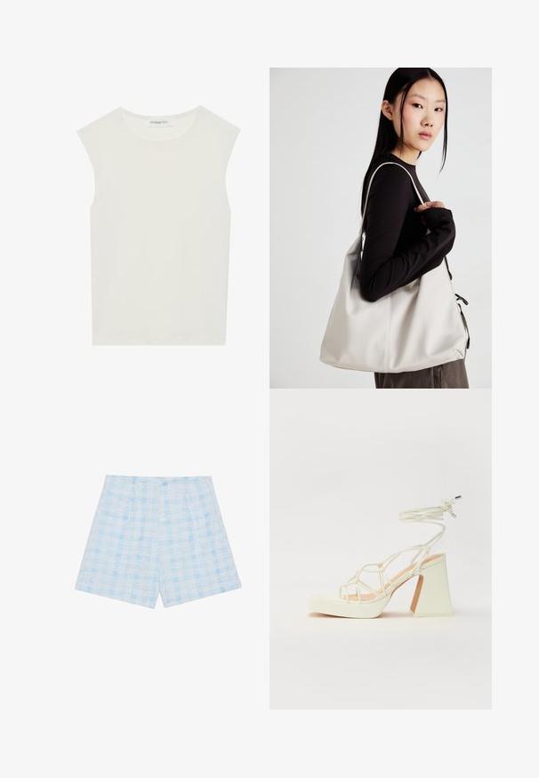 Valge ilma varrukateta topp ümmarguse kaelusega. Valmistatud siledast kangast, sellel on mugav lõige ja minimalistlik disain. Ei ole mustreid ega aksessuaare.; Heledad sinise ruudulise mustriga püksid, mis on valmistatud tekstureeritud kangast, omades vabalt langevat lõiget ja lisatud detailideks voltimist.; Valged kõrge kontsaga sandaalid, millel on paks konts ja rihmadega disain koos pahkluu sidumisega. Sile tekstuur ja platvorm ees, et lisada kõrgust.; Bež käekott pehme materjali, millel on lõtv disain, õmblustega detailid ja kaks õlarihma. Sobib igapäevaseks kasutamiseks.