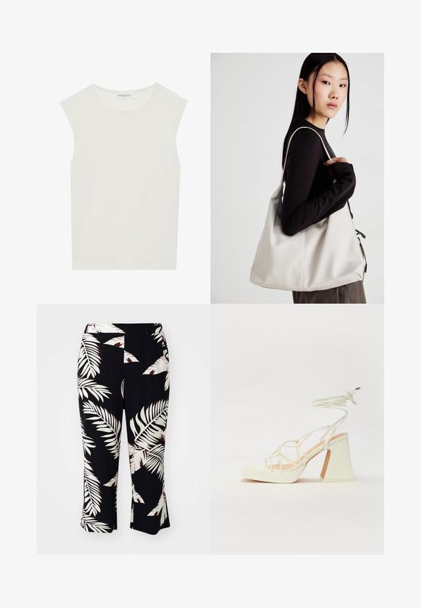 Hvit ermeløs topp med rund hals. Laget av glatt stoff, har den en avslappet passform og minimalistisk design. Ingen mønstre eller detaljer.; Sorte bukser med et hvidt og rødt tropisk bladmønster, med en flagrende pasform og elastisk talje, lavet af et glat stof.; Hvit høyhælte sandal med kraftig hæl, med en stroppe-design og ankelbånd. Glatt tekstur med plattform foran for ekstra høyde.; Beige håndveske laget av mykt materiale, med en slapp design, sydd detaljer og to skulderstropper. Passer for daglig bruk.