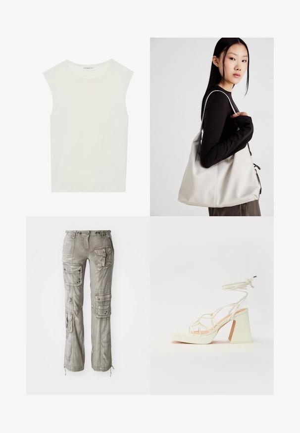 Valge ilma varrukateta topp ümmarguse kaelusega. Valmistatud siledast kangast, sellel on mugav lõige ja minimalistlik disain. Ei ole mustreid ega aksessuaare.; Heledad hallhalli, millel on mitmed taskud, kummipaelaga vöökoht ja kitsenevad sääred. Valmistatud pehmest ja tekstureeritud kangast koos nähtavate õmbluste detailidega.; Valged kõrge kontsaga sandaalid, millel on paks konts ja rihmadega disain koos pahkluu sidumisega. Sile tekstuur ja platvorm ees, et lisada kõrgust.; Bež käekott pehme materjali, millel on lõtv disain, õmblustega detailid ja kaks õlarihma. Sobib igapäevaseks kasutamiseks.