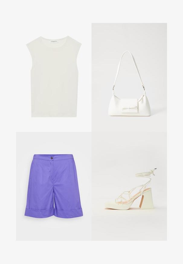 Top branco sem mangas com decote redondo. Feito de um tecido liso, apresenta um corte descontraído e um design minimalista. Sem padrões ou detalhes.; Bermudas de algodão roxas com frente plana, fecho de botão único e bainha dobrada. Textura suave sem padrões visíveis.; Sandálias brancas de salto alto com um salto robusto, apresentando um design com tiras e amarração no tornozelo. Textura suave com uma plataforma na frente para altura adicional.; Mala sintética branca com formato triangular, aba frontal plana e detalhe de laço, alça ajustável, textura suave e design minimalista.