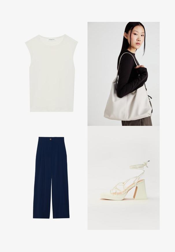 Bijela majica bez rukava s okruglim izrezom. Izrađena je od glatkog materijala, nudi opušteni kroj i minimalistički dizajn. Bez uzoraka ili ukrasa.; Tamno plave široke hlače od mekane tkanine, s prednjim naborima, zatvaranjem na gumb i dva bočna džepa.; Bijela sandala na visokoj potpetici s debelim petom, s remenom i vezanjem oko gležnja. Glatka tekstura s platformom sprijeda za dodatnu visinu.; Bežna torba od mekog materijala s opuštenim dizajnom, šivanim detaljima i dva remena za rame. Pogodna za svakodnevnu upotrebu.