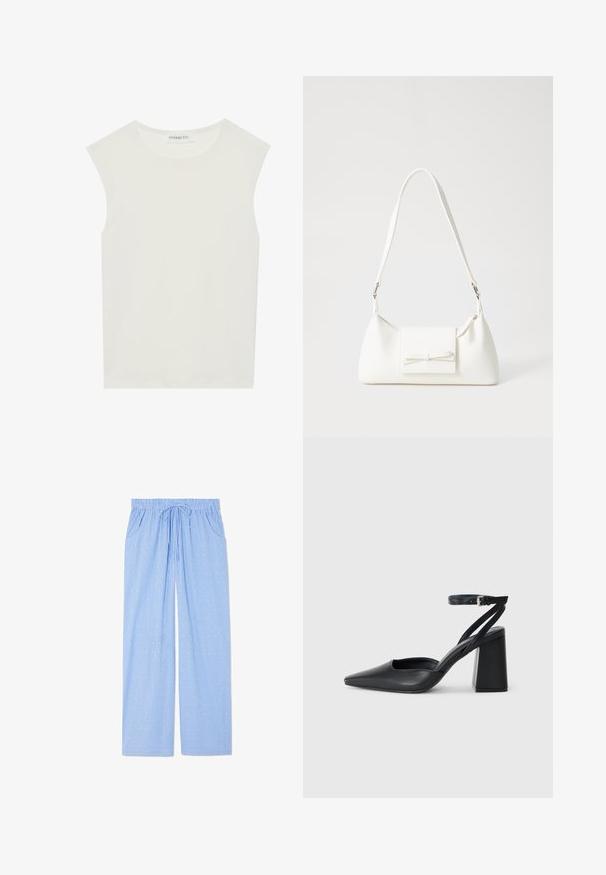 Witte mouwloze top met een ronde halslijn. Gemaakt van gladde stof, het heeft een losse pasvorm en een minimalistisch ontwerp. Geen patronen of accenten.; Blauwe pyjamabroek met een verticale gestreepte print en kleine geometrische ontwerpen. Voorzien van een elastische tailleband met een trekkoord en zijzakken.; Zwarte leren puntige pump met een enkelbandje en een chunky hak. Vlakke textuur, strakke vormgeving en minimalistische esthetiek.; Witte synthetische handtas met een driehoekige vorm, platte voorklep en strikdetail, verstelbare schouderriem, gladde textuur en minimalistisch ontwerp.
