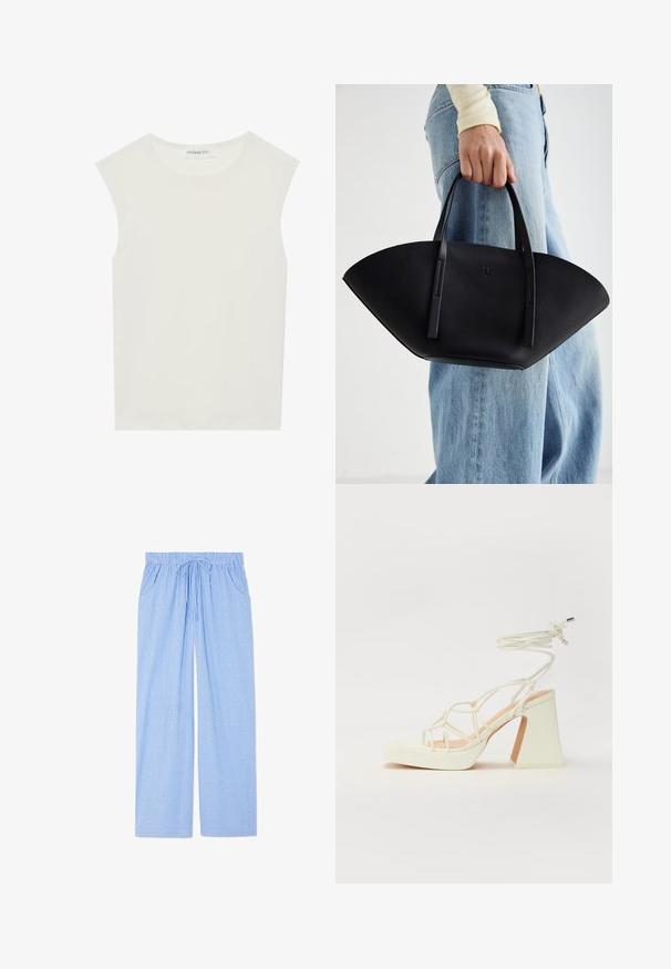 White sleeveless top with a round neckline. Made of smooth fabric, it features a relaxed fit and minimalist design. No patterns or accents.; Blue pajama pants with a vertical striped pattern and small geometric designs. Features an elastic waistband with a drawstring and side pockets.; White high-heeled sandal with a chunky heel, featuring a strappy design and ankle tie. Smooth texture with a platform front for added height.; Black leather handbag with a unique fan shape, featuring flat handles. The surface has a pebbled texture and a minimalistic design.